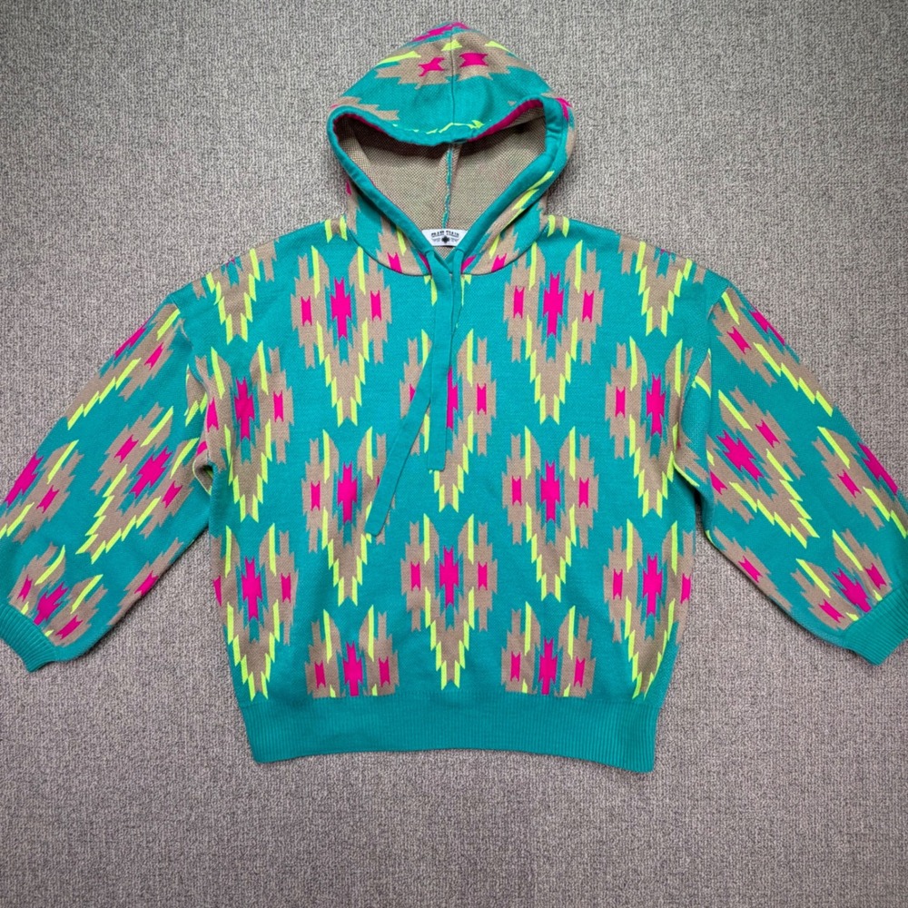 Crazy Train Aztec Southwestern Knit Hoodie Womens XL Teal Neon Pullover Sweater